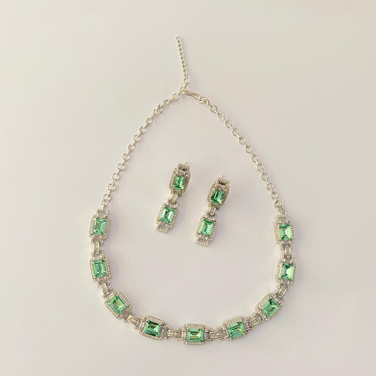 Silver Plated Light Emerald Diamond Necklace Set