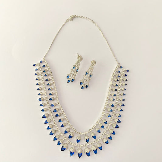 Silver Plated Blue Double Line Diamond Necklace Set