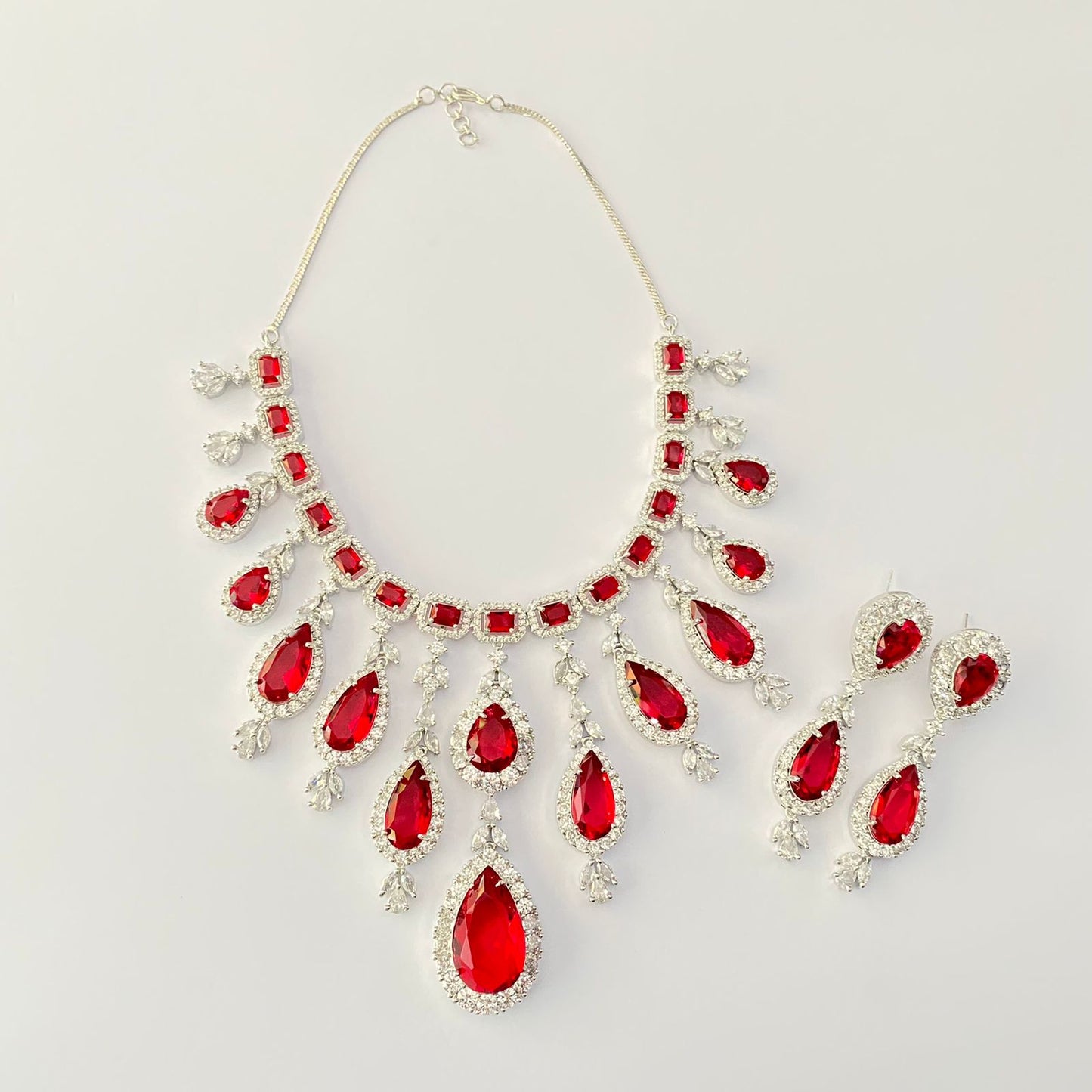 Silver Plated Ruby Diamond Necklace Set