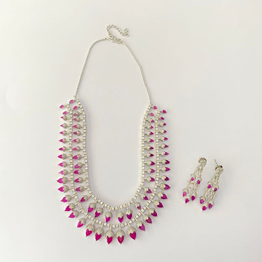 Pink Diamond Silver Plated Double Line Necklace Set