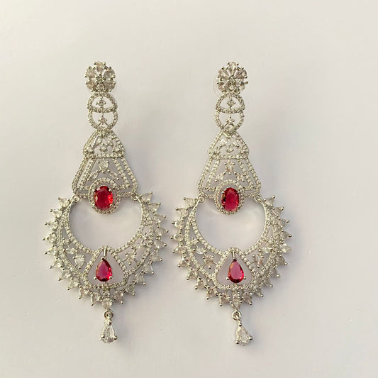 Elegant Silver Plated Stone Red Long Dangler Earring