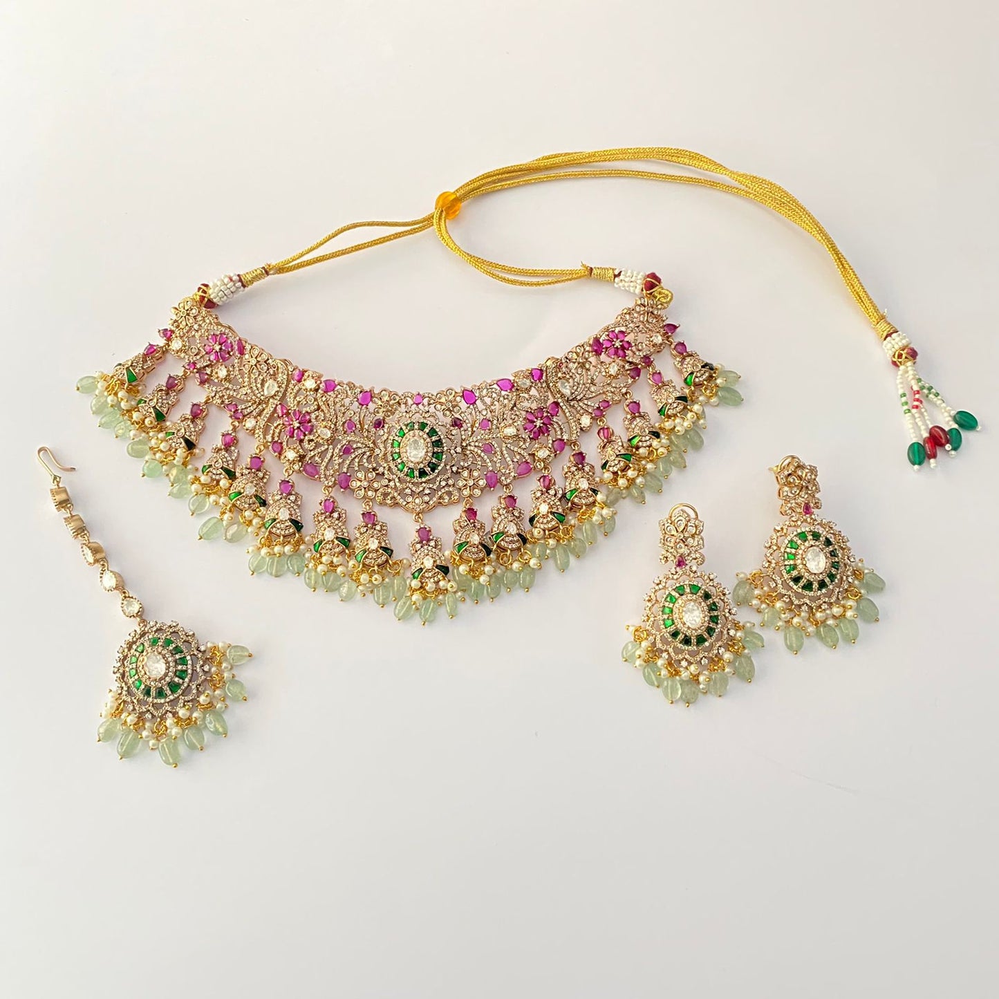 Pink diamond with emerald Heavy bridal set