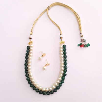 Double Line Pearl & Emerald Necklace Set