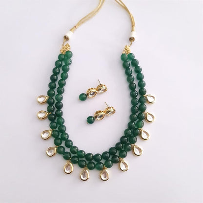 Emerald Double Line Drop Kundan Necklace Set