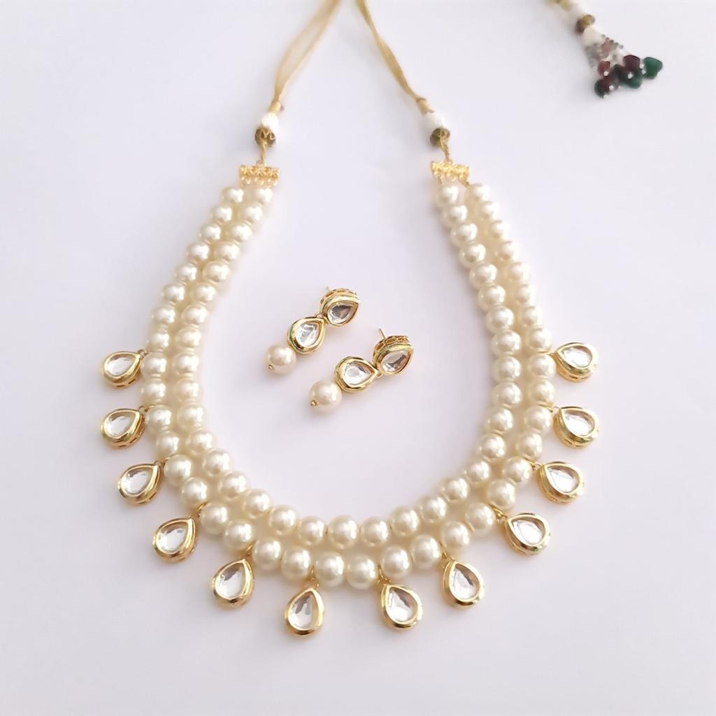 Pearl Drop Kundan Double Line Necklace