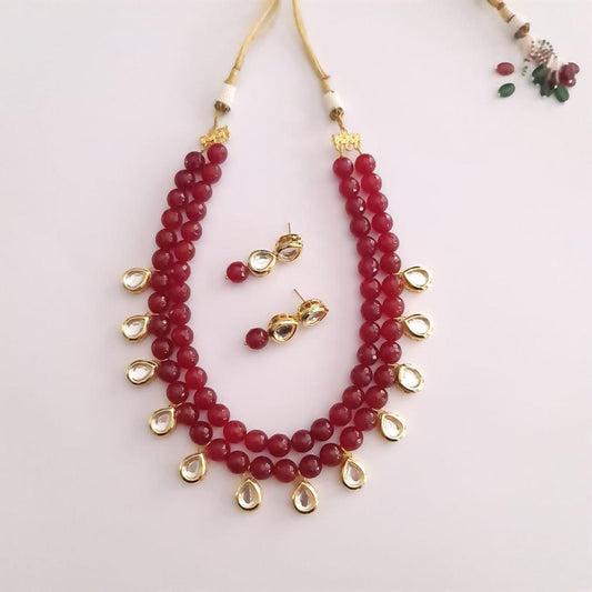 Double Line Ruby Stone Drop Kundan Necklace