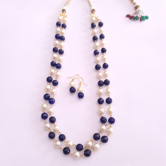 Pearl Blue Stone Double Line Necklace Set