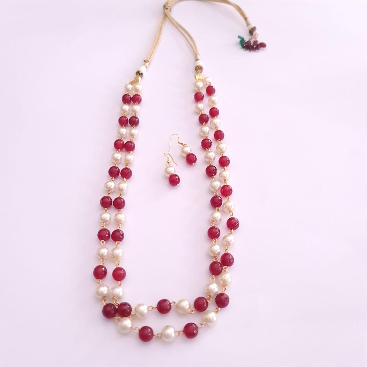 Double Line Ruby Stone Pearl Necklace Set