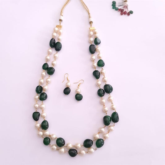 Emerald & Pearl Double Line Necklace Set