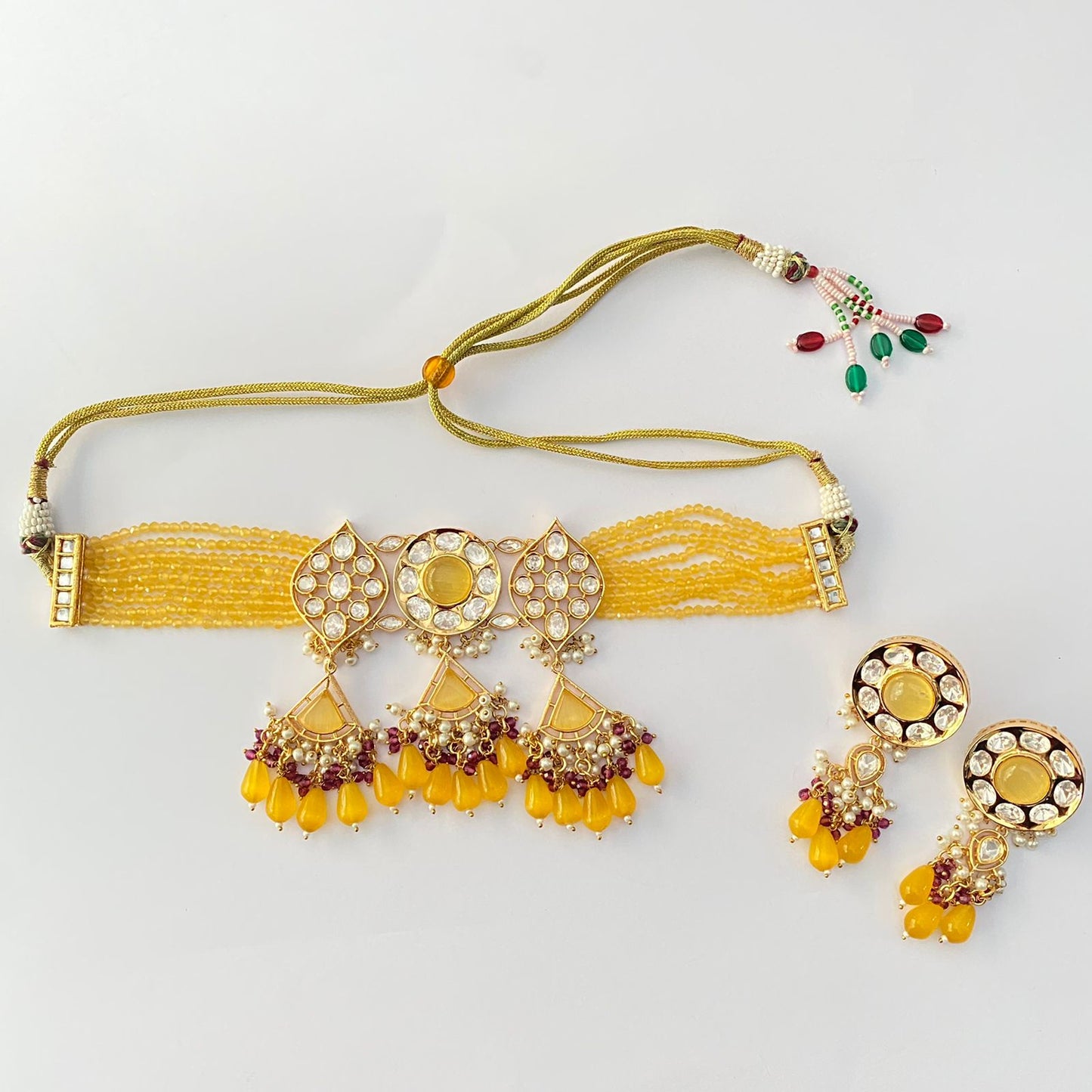 Classy yellow beads with kundan choker set necklace