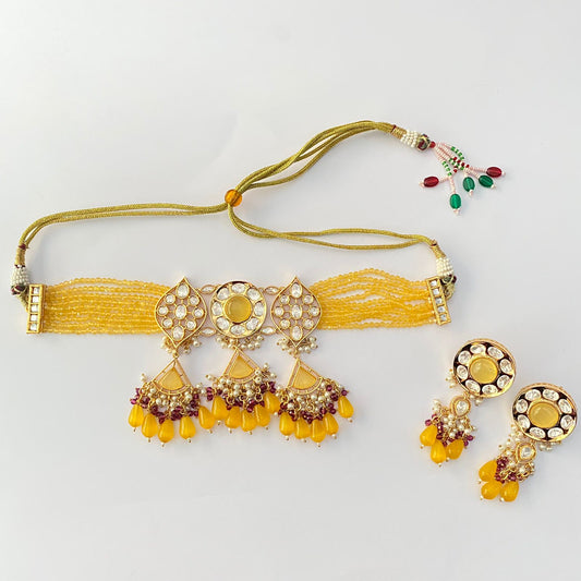 Classy yellow beads with kundan choker set necklace