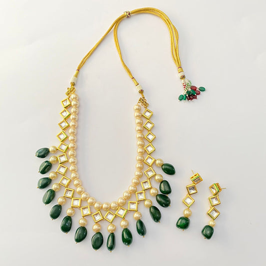 Ethnic pearl kundan Green Tumble Long Necklace