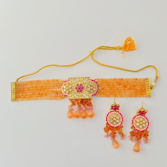 Ethnic Orange  Beads Meenakari Kundan choker Necklace