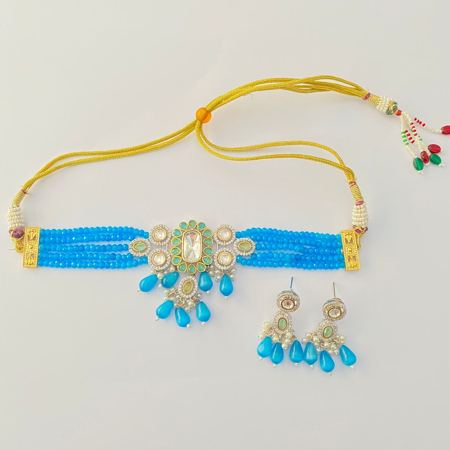 Trendy Blue Beads Polki Choker Necklace