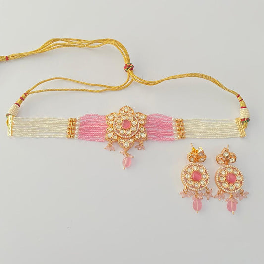 Pink Kundan with white moti Choker Set