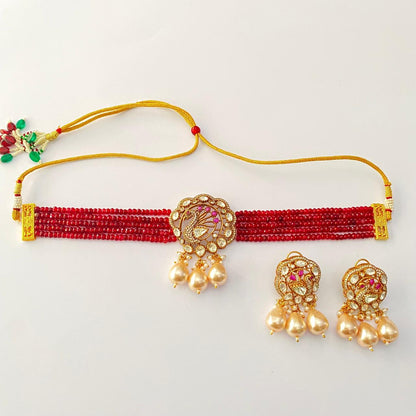 Ruby Kundan with pearl peacock design Choker Set