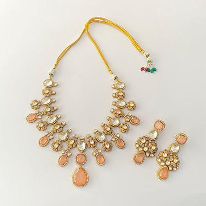 Peach Stone Polki Diamond Necklace Set