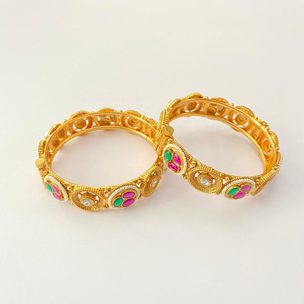 Polki Kundan Pink Gold Plated Traditional Bangle Set