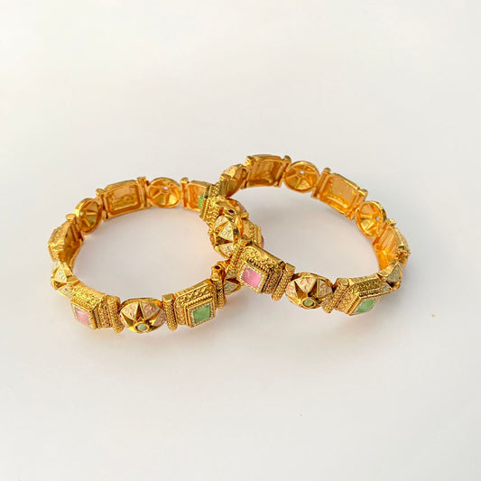 Gold Plated Baby Pink & Aqua Stone New Design Bangle