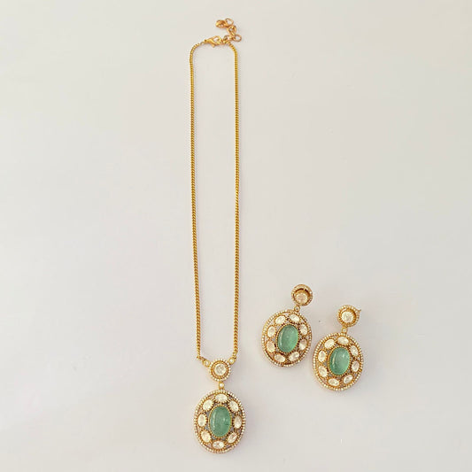 Polki Gold Plated Aquamarine Stone Pendant Set