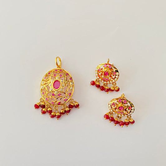 Gold Plated Ruby Jadau Pendant Set