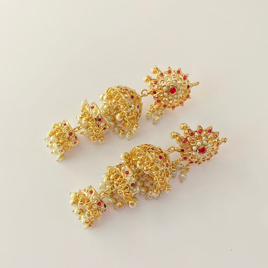 Gold Plated Ruby Long Jhumka