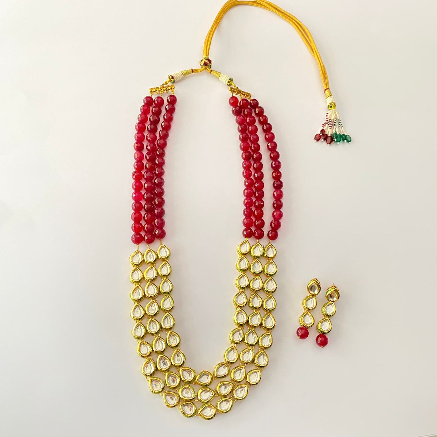 Three Line Kundan Polki Ruby Stone Necklace