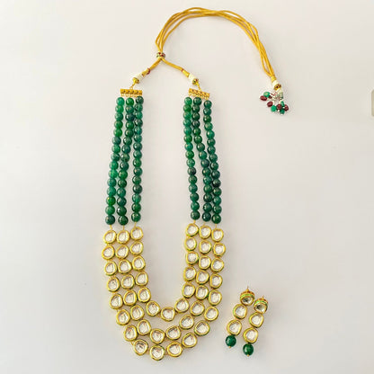 Emerald Stone Three Line Polki Necklace