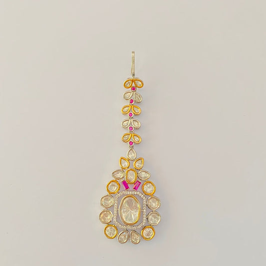 Polki Silver & golden pink stone Mangtikka