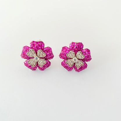 Floral Pink  Small stud Back Clip Earring