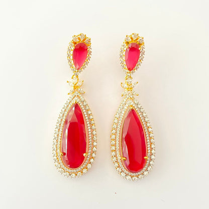 Hot Red  Stone Gold Plated Long dangler light weight Earring