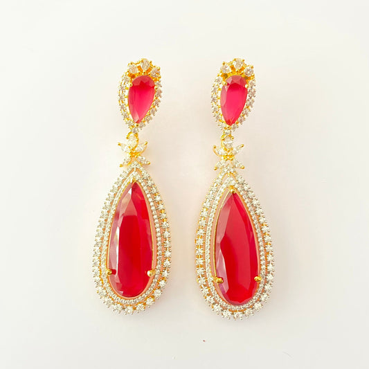 Hot Red  Stone Gold Plated Long dangler light weight Earring