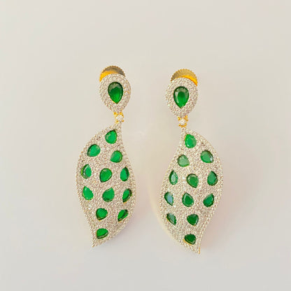 Green Stone Gold Plated Leaf Dangler earring