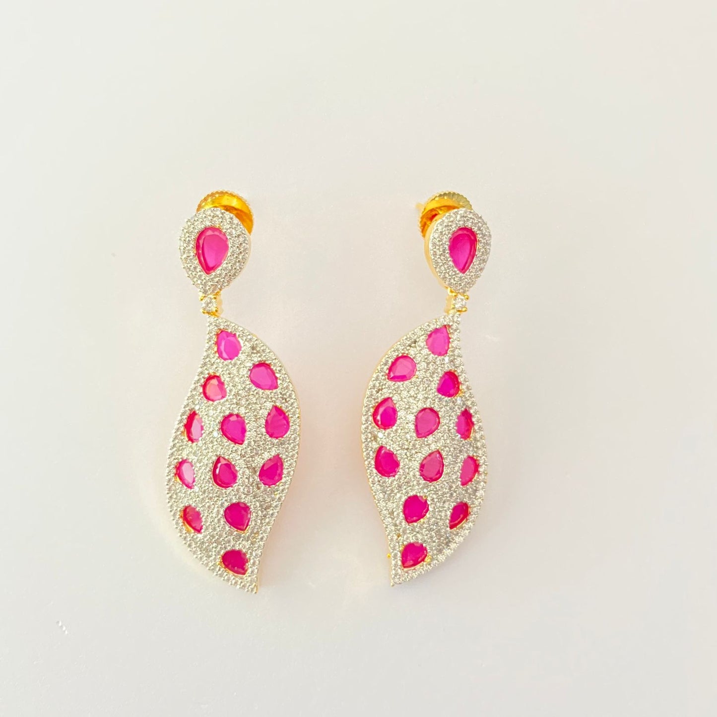 Pink stone Gold Plated Leaf Dangler  Earring