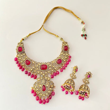 Gold Plated Diamond Drop Ruby Necklace Set