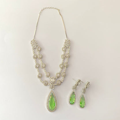 Silver Plated Double Line Peridot Diamond Necklace