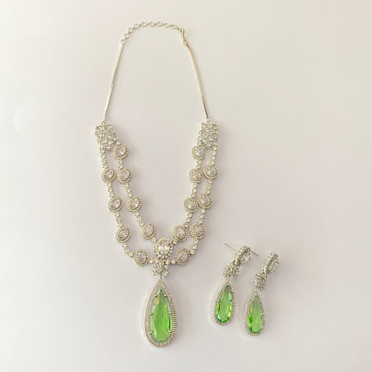 Silver Plated Double Line Peridot Diamond Necklace