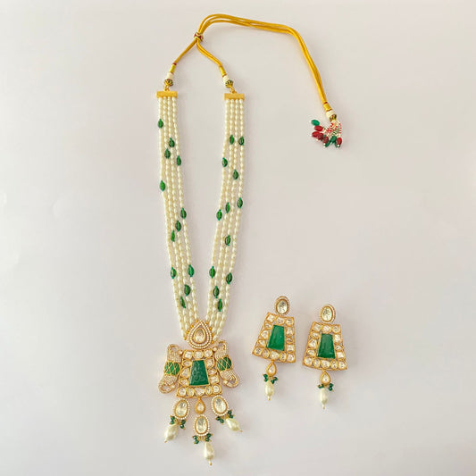 Stylish Emerald kundan Stone Rice Pearl long Necklace