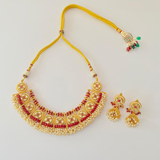 Gold Plated Pearl Ruby Necklace Set