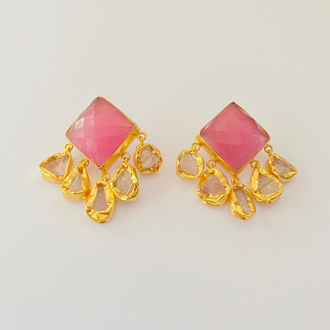 Gold plated  rose quartz Drop western Earring