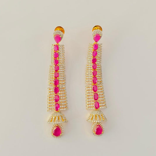 Stylish Pink Stone Gold Plated Long dangler Stone Earring