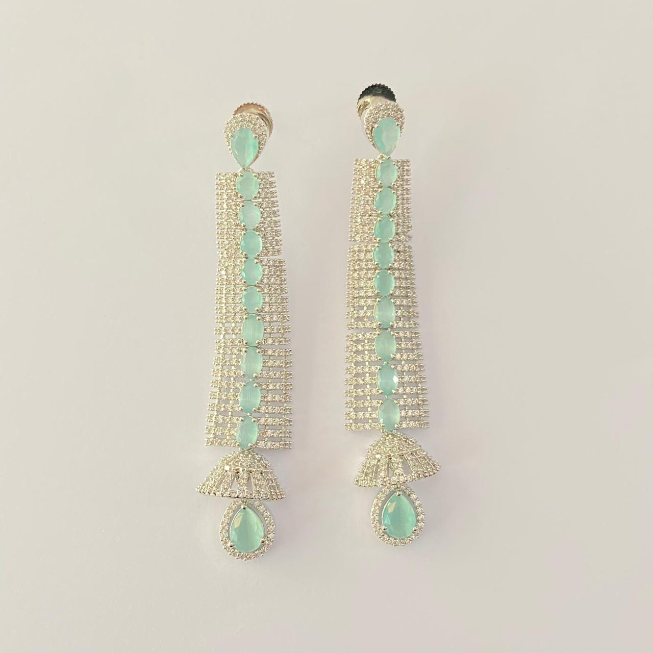 Aqua Stone  Silver Plated Long Dangler Earring