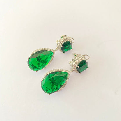 Silver Plated Green Stone With Back Clip Earring