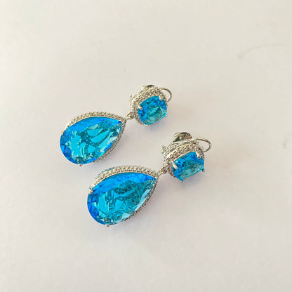 Silver Plated Light Blue Stone With Back Clip Earring