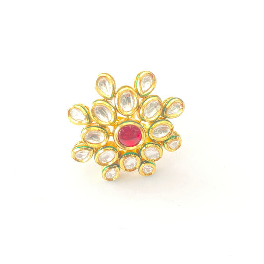 Ethnic Gold Plated Ruby stone Kundan Big Adjustable Ring