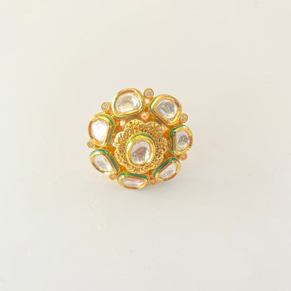 Ethnic Kundan Floral Gold Plated Adjustable Ring