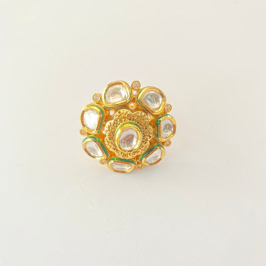 Ethnic Kundan Floral Gold Plated Adjustable Ring