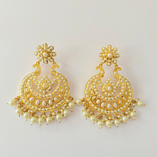 White Pearl Gold Plated Jadau Chand Bali