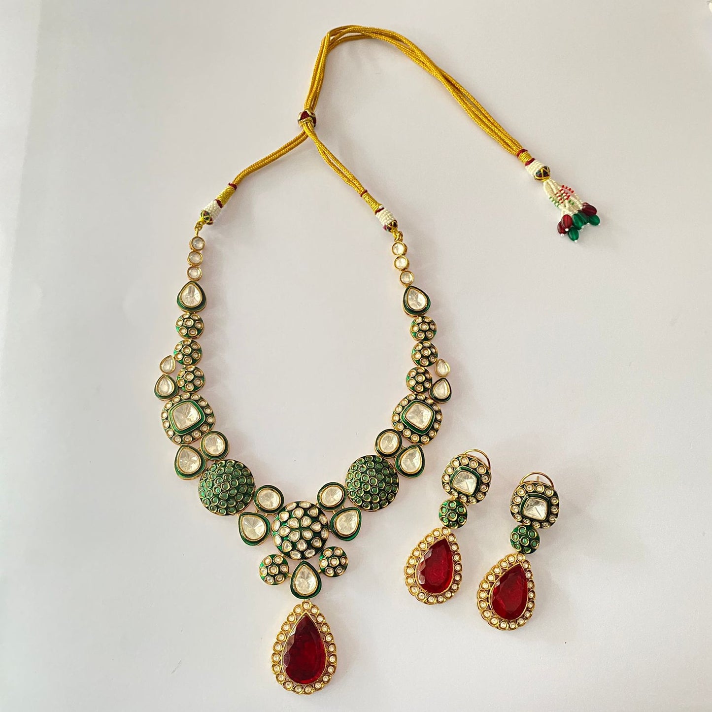 Ruby Drop Stone Polki Green Necklace Set