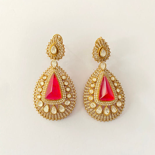 Red Stone Antique gold plated back clip long Dangler Earring